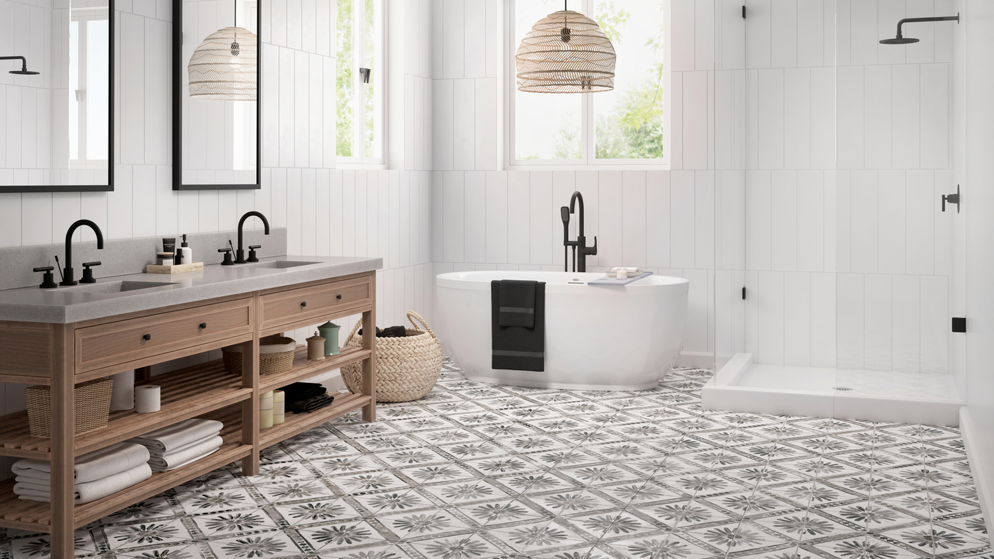 Bathroom with shower and freestanding bath